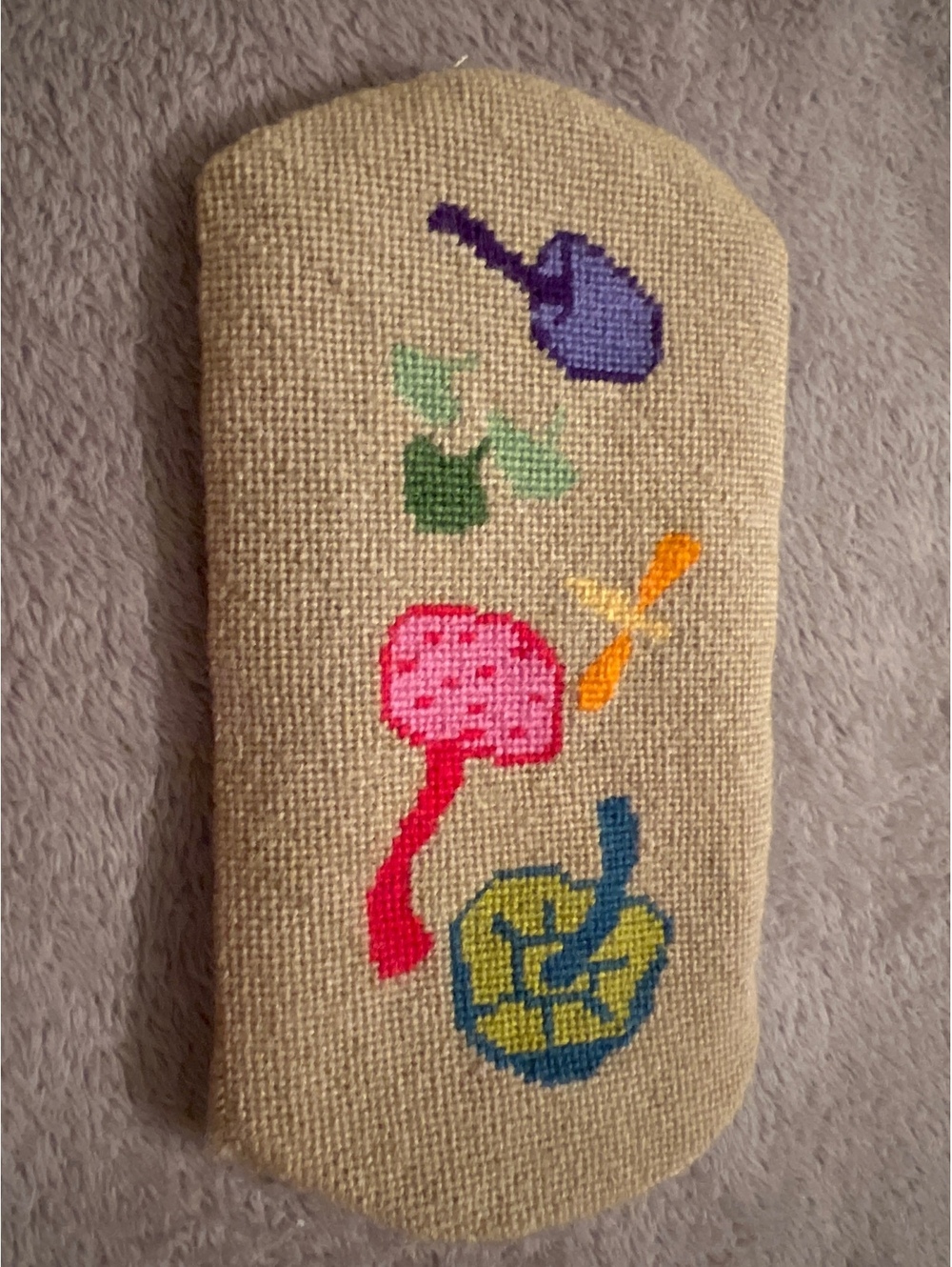 Handmade Beige Wool glasses case with Colorful Mushroom Embroidery
